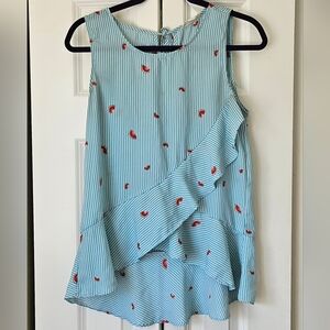 Coverstitched Blue Striped Watermelon Print Cottagecore Ruffled Top, Size S